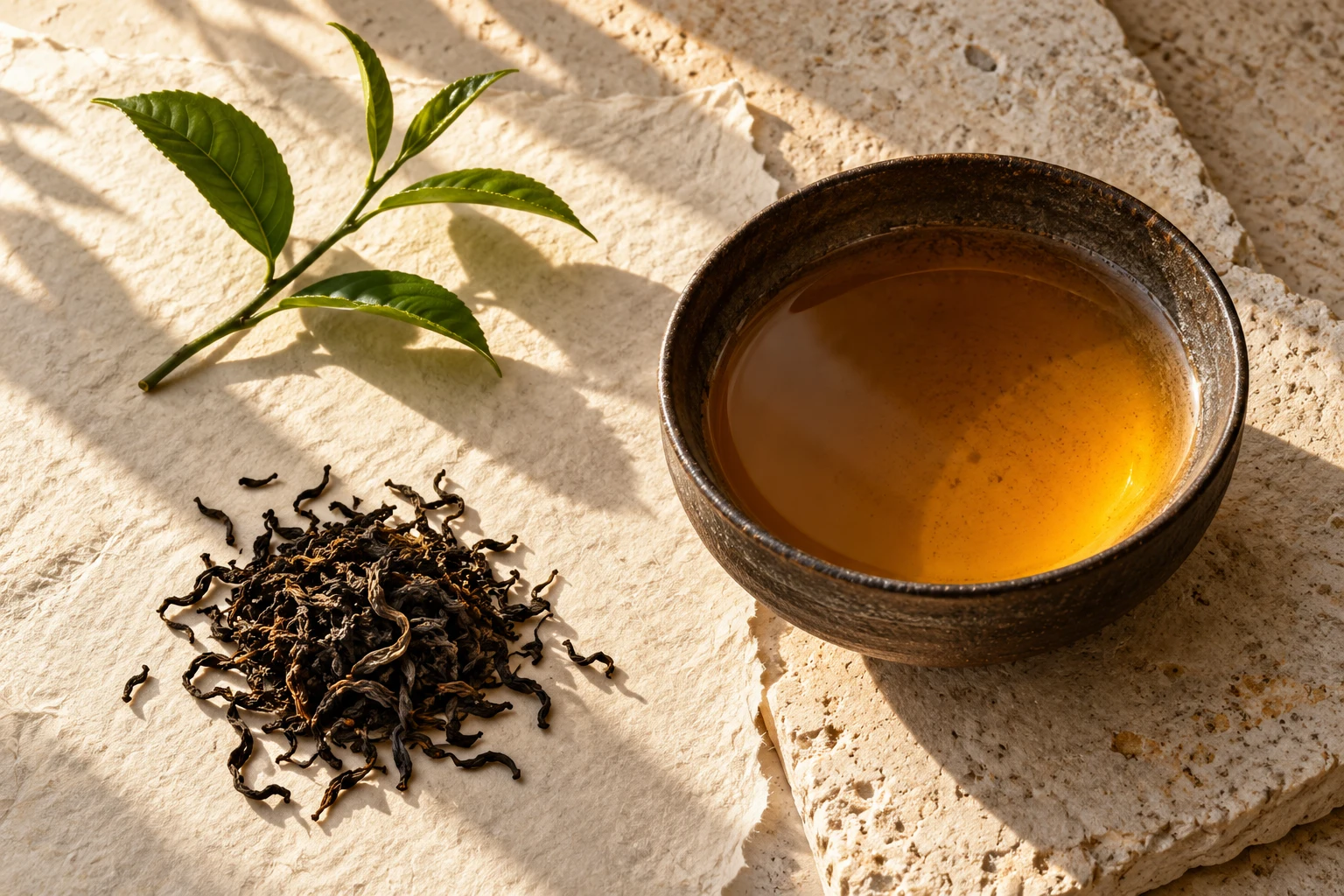 茶芽、乾茶與一碗琥珀色茶湯的品牌意象